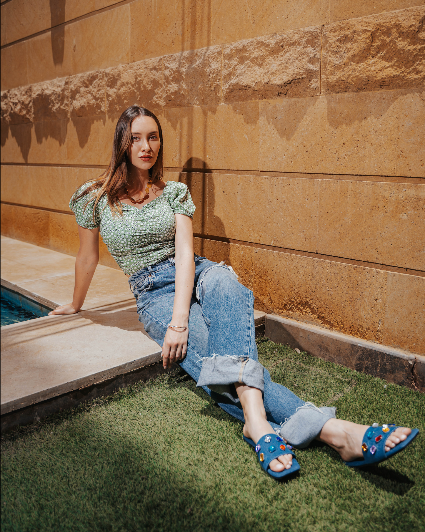Gemstone Bejeweled Denim slides