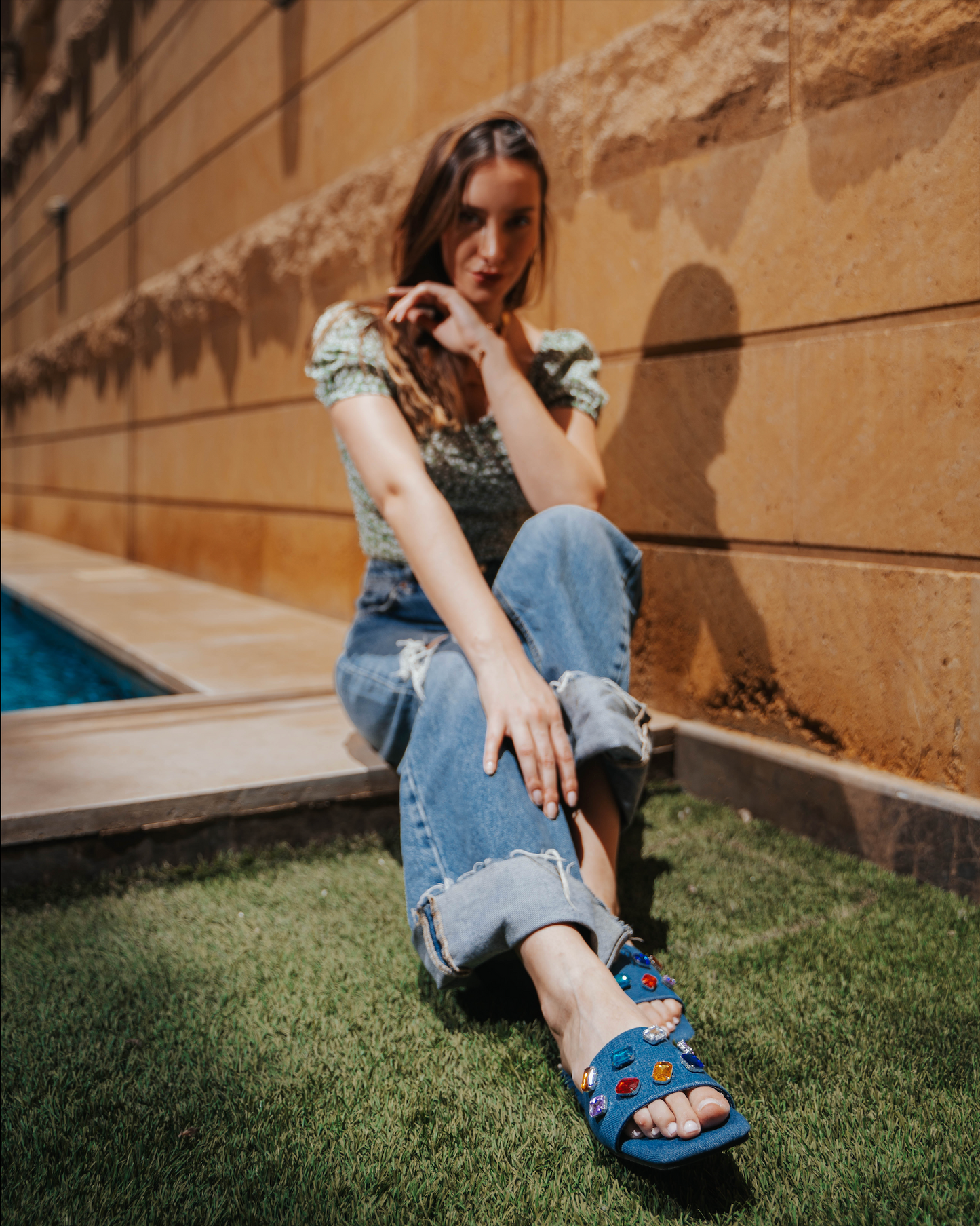 Gemstone Bejeweled Denim slides