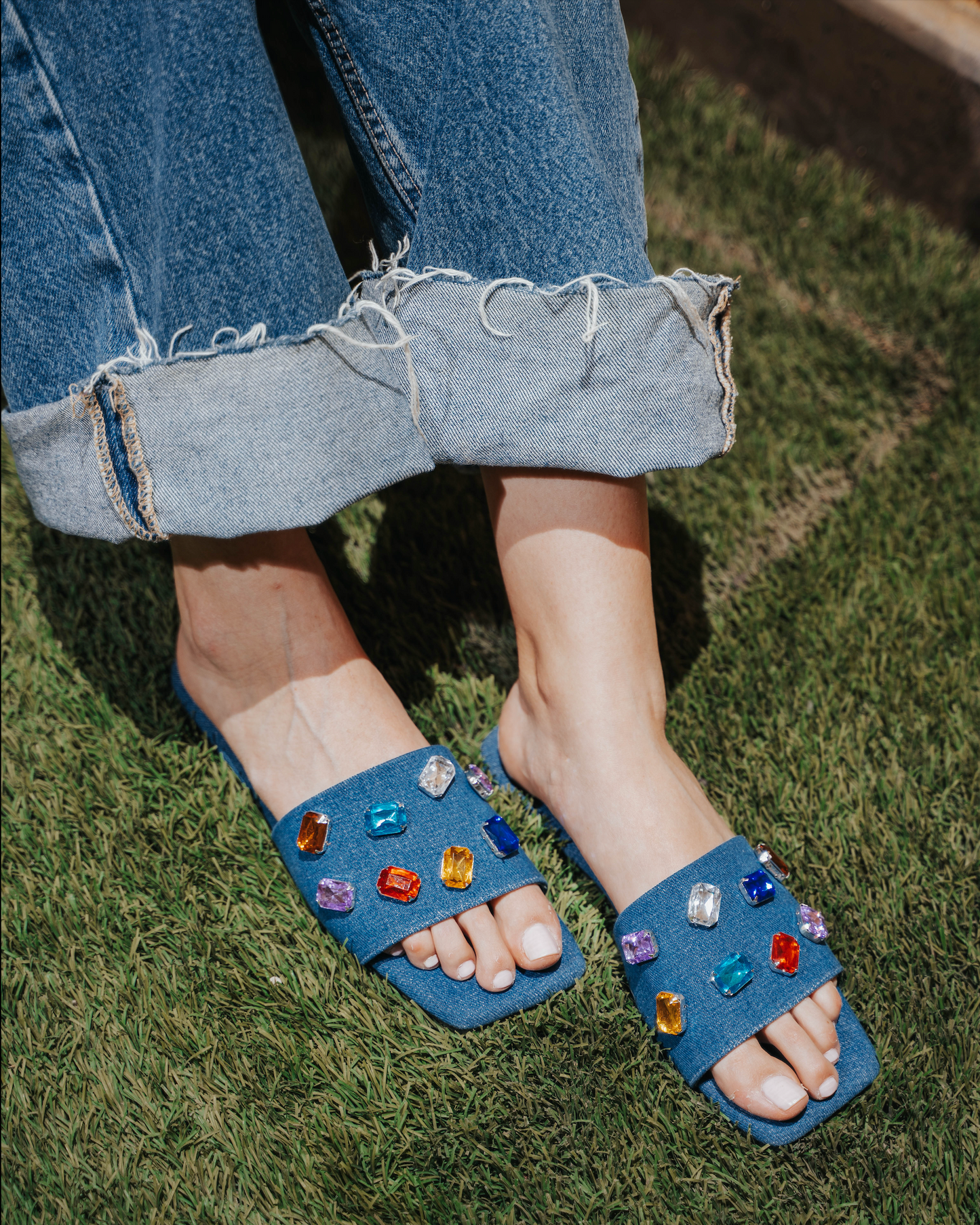 Gemstone Bejeweled Denim slides